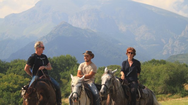 Balkan jaunt: Bryan Brown, guide Nicko and Rachel Ward.