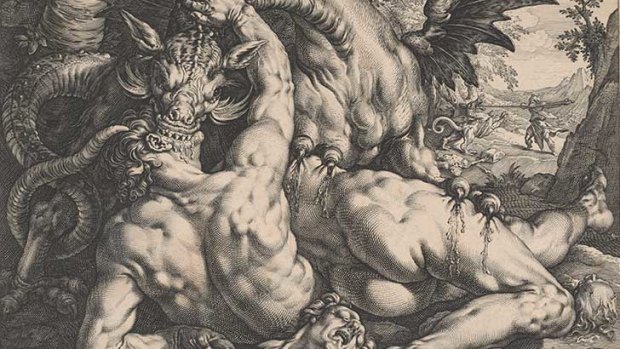 The dragon devouring the companions of Cadmus [detail], 1588, by Hendrick Golzius (Dutch, 1558-1617) after a painting by Cornelis Cornelisz van Haarlem. Engraving.
