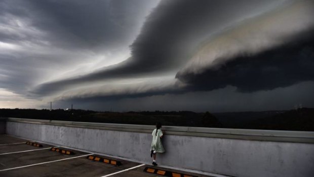 Cleopatra Moir watches a shelf cloud move into Sydney from Terrey Hills.