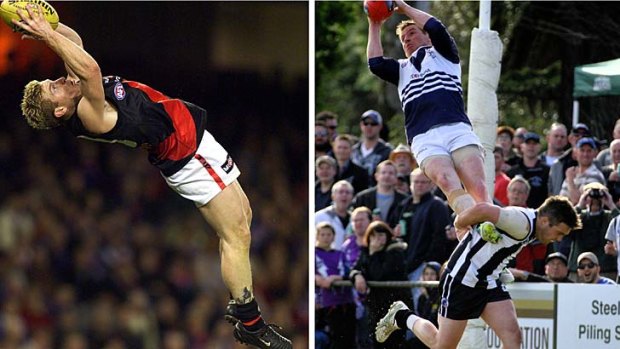 Gary Moorcroft soaring for Essendon, in 2001, and Bundoora, in 2013.