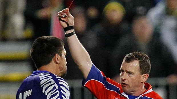 Nigel Owens shows the red card to Samoa's Paul Williams in a game he later described as the hardest he has refereed.