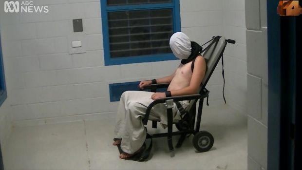 A still from the ABC's Four Corners investigation of a shackled Dylan Voller in youth detention.