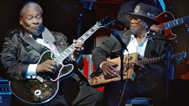 Blues legend BB King, left, performs with Bo Diddley at the second anniversary celebration of BB King's Blues Club and Grill in New York's Times Square in 2002.