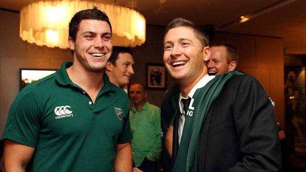Galloping Baggy Green . . . Michael Clarke at last night's Randwick Rugby Club function.
