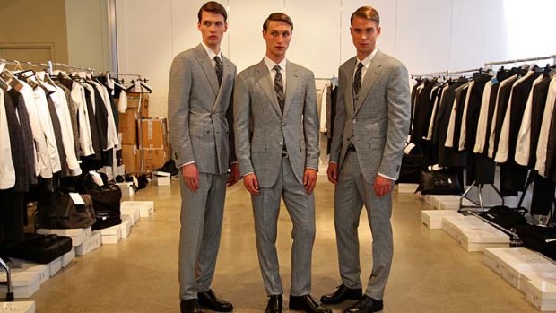 Male models during a suit fitting at Luxe Studios in Sydney for the Zegna show.