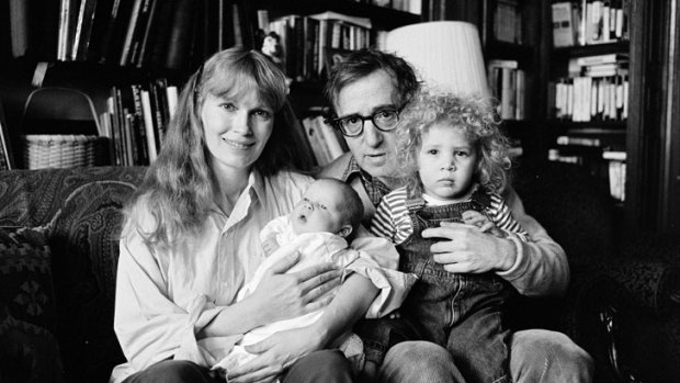 Mia Farrow, Woody Allen, and their children Dylan (with Allen) and Satchel (with Farrow),  photographed  in 1988.