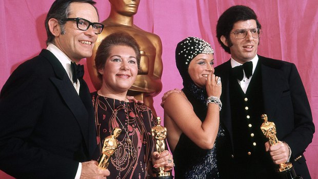 Hamlisch (right) after winning the Oscar in 1974 for Best Original Song for <i>The Way We Were</i>.