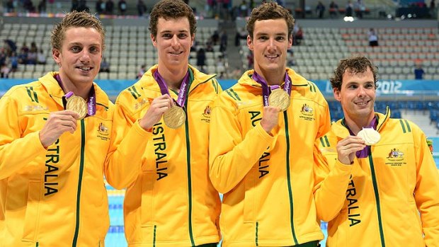 Gold medallists (left to right) Matthew Cowdrey, Andrew Pasterfield,  Blake Cochrane and Matthew Levy. The team's victory propels Cowdrey into the record books.