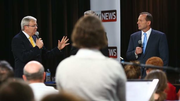 Prime Minister Kevin Rudd and Opposition Leader Tony Abbott at second leaders debate at the Broncos Leagues Club in Brisbane.