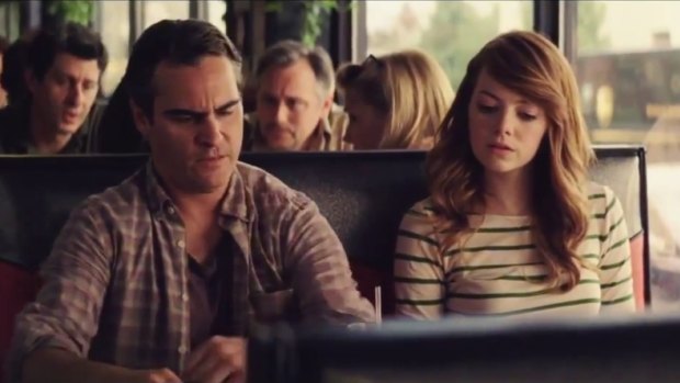 A scene from Irrational Man, with Joaquin Phoenix and Emma Stone, which explores the relationship between an academic and his student.