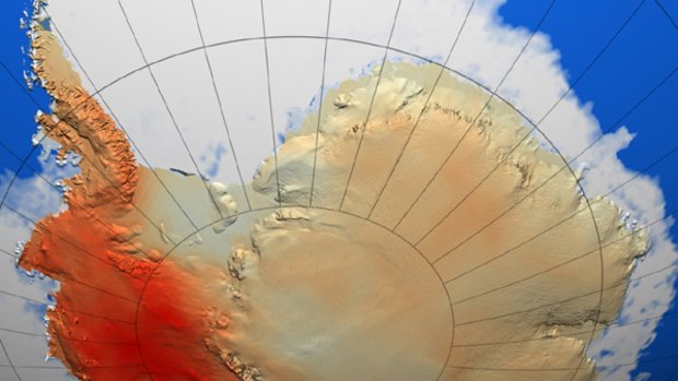 This illustration depicts the warming that scientists have determined has occurred in West Antarctica during the last 50 years, with the dark red showing the area that has warmed the most.