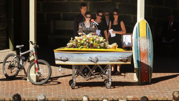 Mourners farewell Strathewen bushfire victim Danny Shepherd, who father also died, at Panton Hill memorial park.