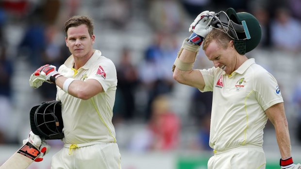 Job well done: Steve Smith (left) and Chris Rogers shared an unbeaten 259-run partnership to lead Australia to 1-337 after day one of the second Ashes Test.