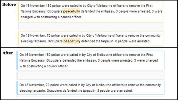 These screenshots show paragraphs on the Occupy Melbourne before and after the first edit to the page.