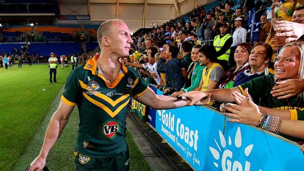Darren Lockyer of the Kangaroos meets his fans while holding the Bill Kelly Cup after the Kangaroos won the ARL Anzac Test.