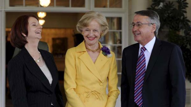 Changing fortunes ... Julia Gillard and Wayne Swan with Governor-General Quentin Bryce at their swearing-in ceremony.