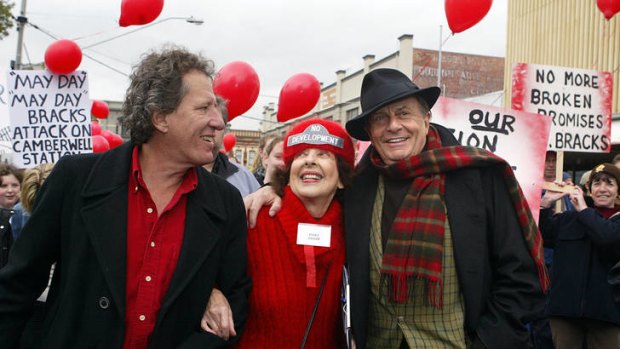 Geoffrey Rush and Barry Humphries protest against the Camberwell development.