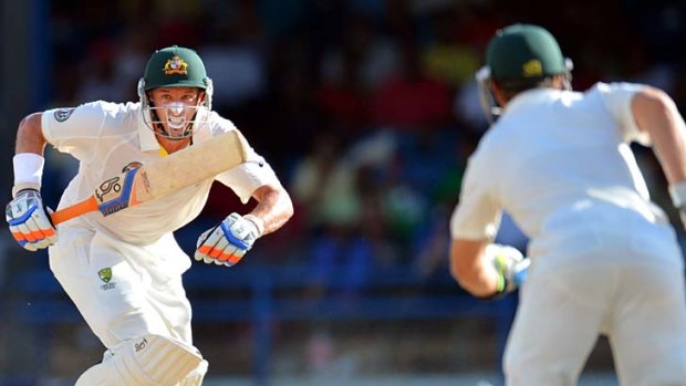 Michael Hussey (L) and Matthew Wade are hoping to lift Australia to a total of 300 plus on day two.