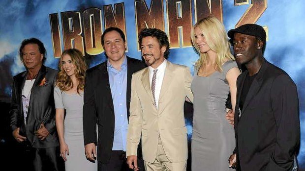 Big budget ... <i>Iron Man 2</i> director Jon Favreau (centre left) with actors Mickey Rourke, Scarlett Johansson, Robert Downey jnr, Gwenyth Paltrow and Don Cheadle.