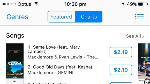 The Australian iTunes chart listing as of Thursday night.