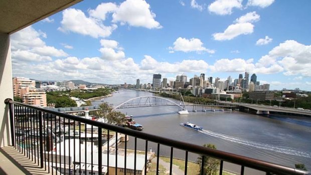 A balcony at the River Plaza apartment complex.