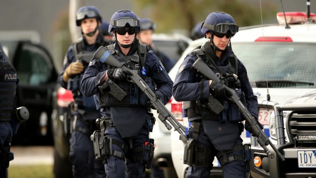 Victoria Police Special Operations Group members outside the Melbourne remand centre during last month's riot.