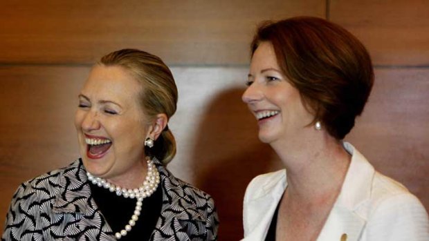 US Secretary of State Hillary Clinton smiles during her bilateral meeting with Prime Minister Julia Gillard during the Rio+20 United Nations sustainable development summit in Rio.