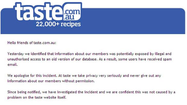 The email sent to Taste.com.au members on Friday.