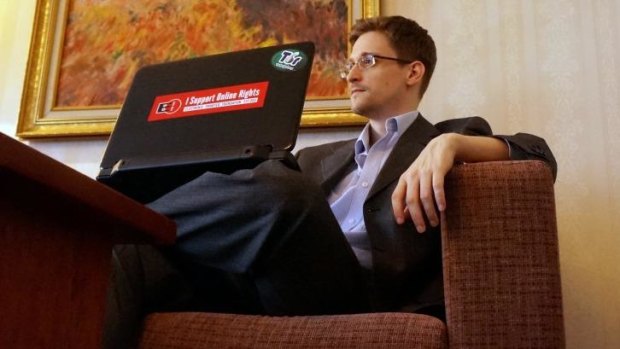 Edward Snowden in a Moscow hotel room in December.