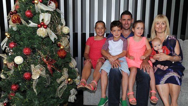 Mike and Amy Hussey with children Jasmin, Will, Molly and Oscar (baby) at the players' luncheon on Christmas Day.