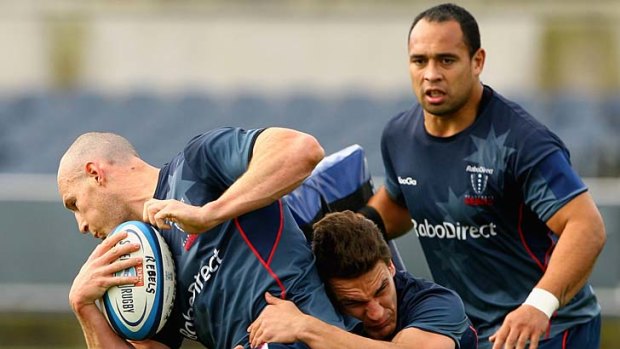 He's back: Stirling Mortlock at Rebels training before his return to the field this week.