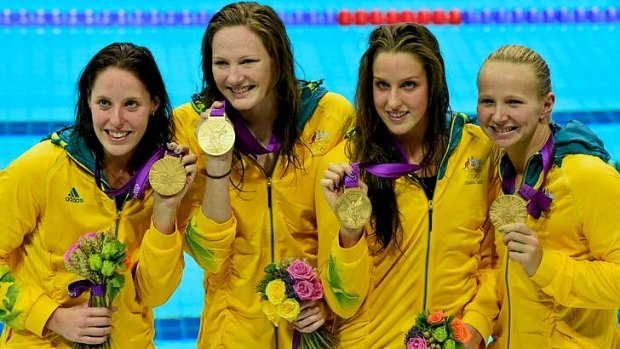 Alicia Coutts, Cate Campbell, Brittanie Elmslie and Melanie Schlanger won Australia's only gold medal in the pool at the London Olympics in the 4x100m freestyle relay.