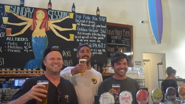 Champion brew: Brewhouse Margaret River celebrates the launch with Taj Burrow, Jay Davies and Dino Adrian's first brew, Honest Ale. 