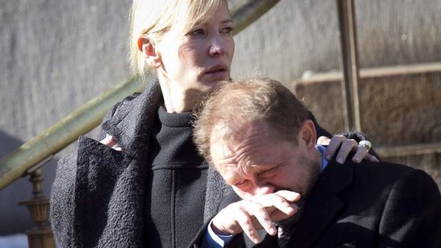Actress Cate Blanchett and her husband Andrew Upton leave the funeral of actor Philip Seymour Hoffman at St. Ignatius church in the Manhattan borough of New York February 7, 2014.