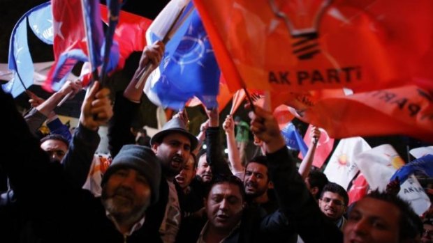 Supporters of the AK Party at the party's headquarters in Ankara.