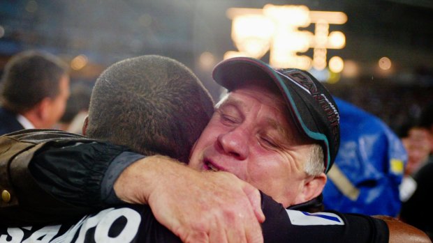 Sweet victory: John Lang, who left Cronulla after the 2001 season, coached Penrith to glory in 2003.