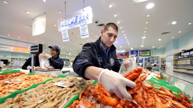 Now cheaper than some cuts of lamb ... prawns at De Costi Seafoods at the Sydney Fish Markets.