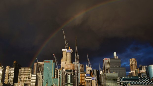  A rainbow  above Sydney after a sun shower at Barangaroo. 