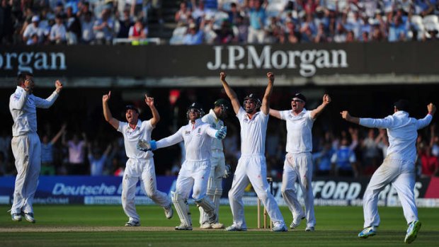 Jubilation: England players celebrate.