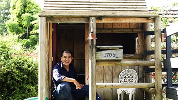 Anh Do, in his sons' cubby house, is renowned for his upbeat personality but admits he cried while writing parts of his book.