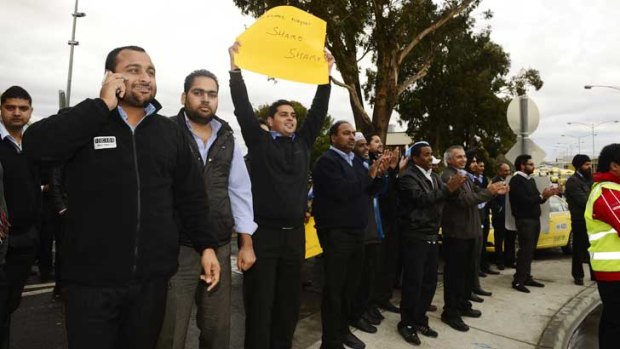 The taxi blockade at Melbourne Airport on Monday.