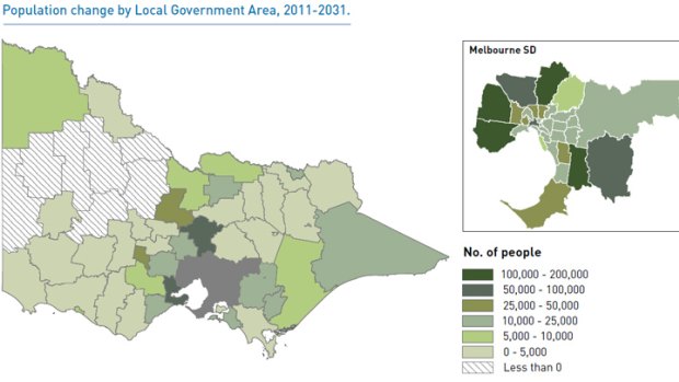 The report's map shows that in parts of the state's west, the population will actually shrink.