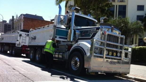 The truck involved in a fatal crash with a cyclist in Woolloongabba on Thursday morning.