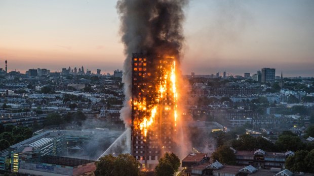 London's Grenfell tower, which was covered in flammable cladding, burns in 2017, killing 72.