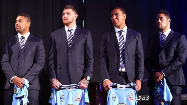 Blues brothers: Michael Jennings, Josh Dugan, Will Hopoate and Jarryd Hayne at the NSW team announcement on Tuesday.