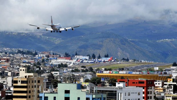 A plane landing at Mariscal Sucre International Airport, Quito Ecuador.