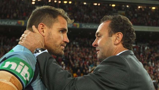 Nothing to be ashamed of ... Anthony Watmough is consoled by Ricky Stuart after the game.