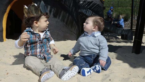 STAND-OFF: In the Pod playground at the National Aboretum, Giorgio Pentes, 15 months, keeps a sharp eye on fellow playground regular George Middleton, 7½ months.