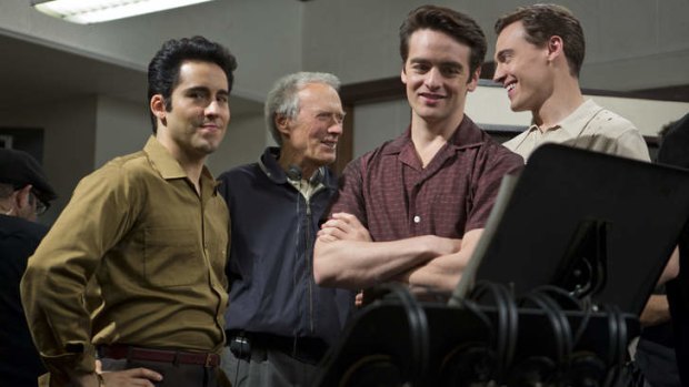 John Lloyd Young, Clint Eastwood, Vincent Piazza and Erich Bergen on the set of <i>Jersey Boys</i>.