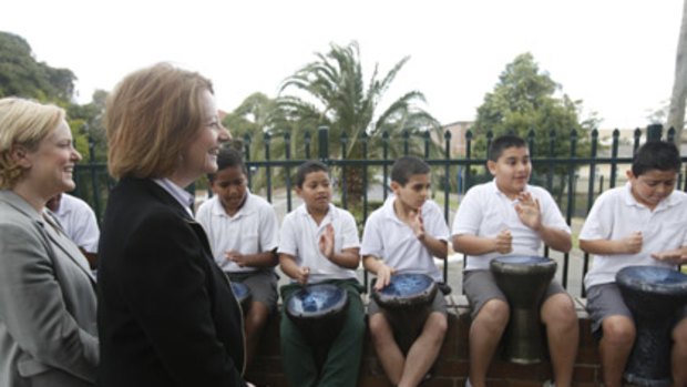 Banging the drum on education ... Julia Gillard visits Wiley Park Public School in the lead-up to Literacy and Numeracy Week, which  starts on August 31. 